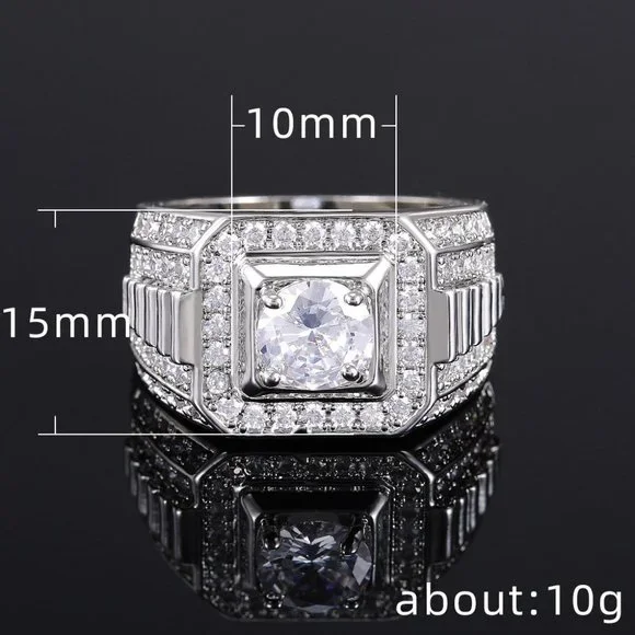 💝 Fever Square Glitter Zircon Silver Chunky Wedding Rings for Man, PD663